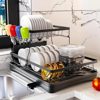 Image of Efforias 2 Tier Dish Drainer, Multifunctional Drainer Rack, Rustproof Kitchen Drying Rack with Drainboard &amp; Utensil Holder, Space Saving for Counter