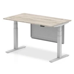 Image of Air 1400x800 Height Adjustable Desk Grey Oak Silver Leg Modesty Panel
