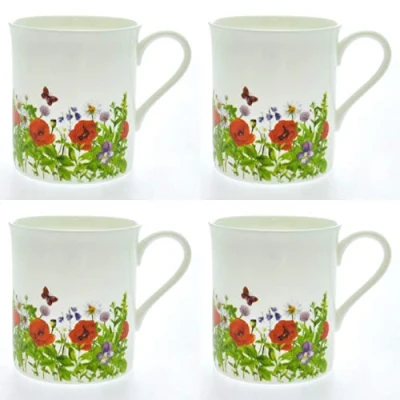 Image of Set 4 Fine Bone China Mugs Wild Red Poppies Design