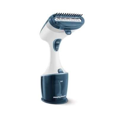 Image of Morphy Richards Express Handheld Garment Steamer, Dual Steam Eco &amp; Turbo, 35s Heat Up, No Ironing Board Needed, Kills Bacteria and Odours, Lint Brush Creaser, 3m Cord, 1750W, White/Blue, 361000