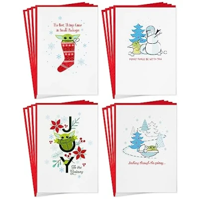 Image of Hallmark Star Wars The Mandalorian Boxed Christmas Card Assortment (16 Cards and Envelopes) Grogu, Baby Yoda, Snowman