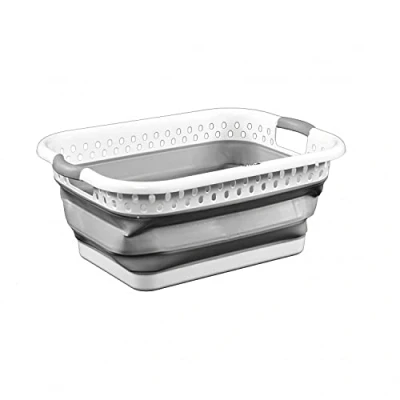 Image of Oypla Grey and White Pop Up Collapsible Plastic Washing Laundry Basket