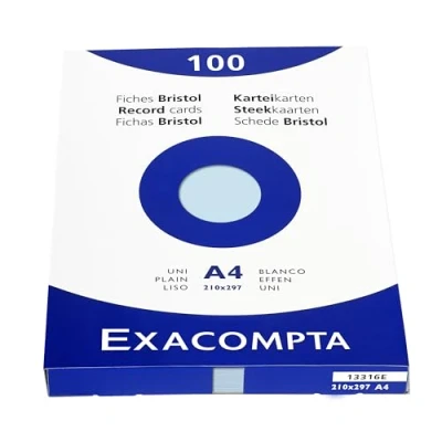Image of Exacompta Ref 13316E Bristol Plain Record Cards (Pack of 100) A4 in Size, 205gsm Card, Compatible with Printers Suitable for Exam Revision &amp; Notes Blue