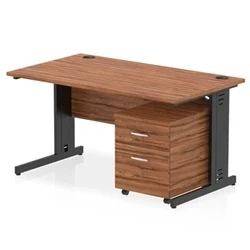 Image of Impulse 1400x800 Desk Walnut/Black Cable Managed 2 Drawer Mobile Ped