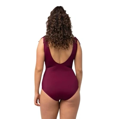 Image of Ulla Popken Women&#039;s Petra 826508 Ruffled Shoulder Flower Swimsuit One Piece, red, 26