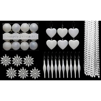 Image of UKDD® Christmas Tree Decoration Baubles Snowflakes Droplet Garland Heart Set 35pc (White)