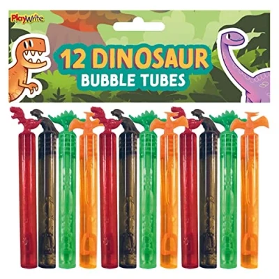 Image of Playwrite Dinosaur Party Bubble Tubes (Pack of 12) Children&#039;s Bubbles Loot Bag Fillers Summer Games for Boys and Girls Kids Bags