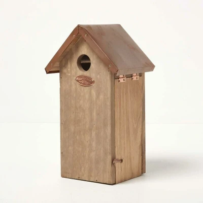 Image of HOMESCAPES Solid Wood Bird House Great Tit Nesting Box H 30 cm x W 13 Garden for Fence or Trees Crafted from Treated Alder with Copper Roof Ready Assembled Door
