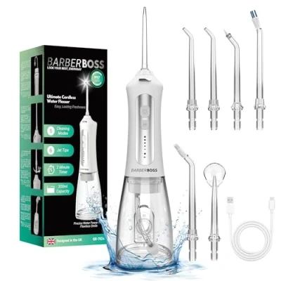 Image of BarberBoss Water Flosser, Plaque Remover for Teeth, Oral Irrigator, Electric Tooth Dental Irrigator with 5 Jet Tips &amp; Cleaning Modes, Portable Cleaner, QR 7024, (White)