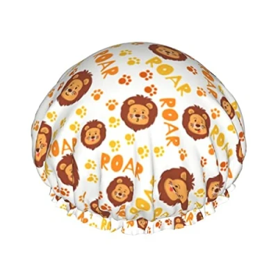 Image of Lion Shower Cap Waterproof Luxury Caps for Women Reusable Bath Hair Fashion Hat with Elastic Easy to Wear