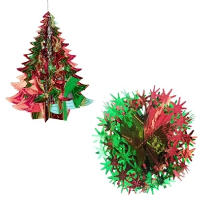 Image of Christmas Foil Ceiling Decorations 30cm Tree and Ball Set 2 Tone Red/Green