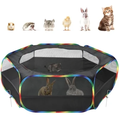 Image of Pawaboo Small Animals Playpen, Waterproof Pet Cage Tent with Zippered Cover, Portable Outdoor Yard Fence 3 Metal Rod for Chick/Kitten/Puppy/Guinea Pig/Rabbits/Hamster, Black + Rainbow