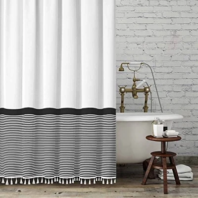 Image of Seasonwood Farmhouse Shower Curtain Tassel，96 Inch Extra Long Black White Striped Bathroom Curtain，72 x 96
