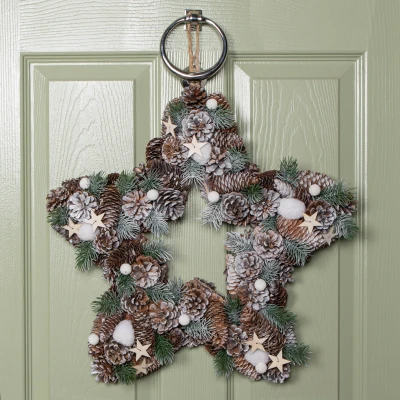 Image of 45cm Frosted Hanging Christmas Star Wreath with Pine Cones &amp; Wooden Stars