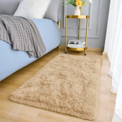 Image of MOONLIGHT20015 Rugs Living Room Fluffy Beige Shaggy Area for Bedroom Super Soft Small Thick Pile Non Slip Shedding Rug Plush Carpet Dining Room, 50cm x 80cm