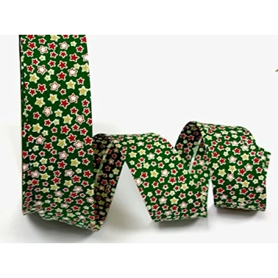 Image of Fany Green Christmas Star Pattern 100% Cotton 30mm Bias Binding on a 25m Roll