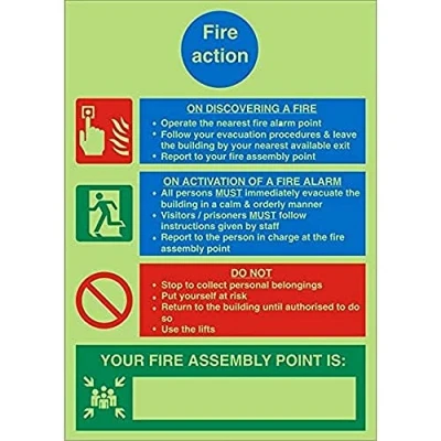 Image of Seco Fire Action Prisons Sign, 150mm x 200mm Photoluminescent 1mm Semi Rigid Plastic
