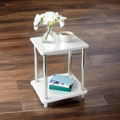 Image of Dylex Small White High Gloss Side Table With Metal Legs 2 Tier Storage Shelves Coffee End For Living Room