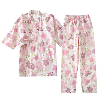 Image of Fancy Pumpkin Women&#039;s Japanese Style Long Sleeves Robes Cotton Kimono Pajamas Suit Dressing Gown Set, Green, L