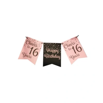 Image of PD Party 7024001 Flag Banner Birthday Celebration 16, Pink/Black, 8.5cm Length x Width 7.5cm Height