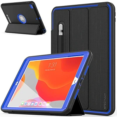 Image of TECHGEAR D FENCE Design For Apple iPad 10.2&quot; 2021/2020 / 2019 9th, 8th, 7th Generation, Slim Shockproof Tough Rugged Protective Armour Smart Case + Stand, Schools Builders Workman Kids [Blue]