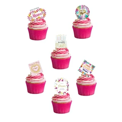 Image of 24 Stand Up Happy Birthday Mum Mummy Themed Edible Wafer paper Cake Toppers Decorations