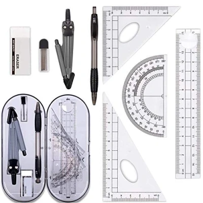 Image of MELARQT 8 Pcs Geometry Set,Geometry Compass Sets, Math Kit Educational Supplies Drawing and Protractor Set, Pencil Lead Refills, Pencil, Eraser, Rulers for School