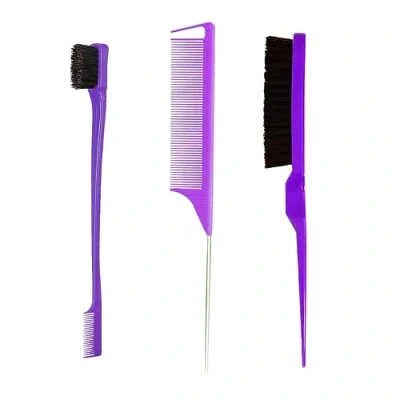 Image of 3 Pieces Hair Styling Comb Set, Double Sided Edges Brush, Teasing Brush Rat Tail Comb, Plastic Bristle Edge Control for Home, Hairdressers(Purple)
