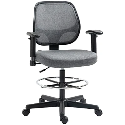 Image of Vinsetto Drafting Chair, Tall Mesh Office, Ergonomic Painting Chair with Adjustable Footrest Ring, Arm, Swivel Wheels, for Standing Desk, Grey