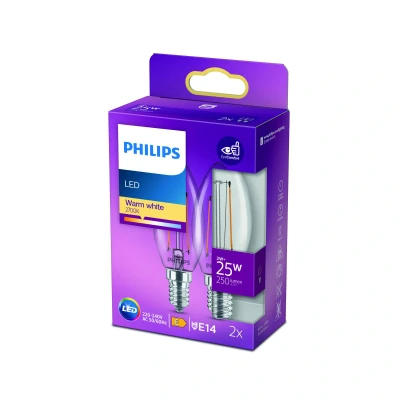 Image of PHILIPS LED Premium Classic Clear B35 Candle Light Bulb 2 Pack [E14 Small Edison Screw] 2W 25W Equivalent, Warm White (2700K), Non Dimmable.