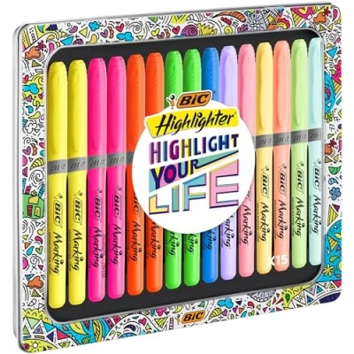Image of BIC Highlighter Collection Box, Assorted Intense and Pastel Colours, in Convenient Metal Gift Pack of 15