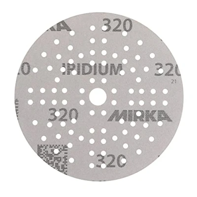Image of Mirka Iridium Premium Sandpaper Ø 150mm Grip 121 Hole, Grit 320, 10 pcs / For sanding of paint, putty, primer, wood, steel, mineral materials, plastic.