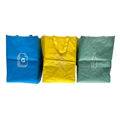 Image of ADEPTNA Heavy Duty Reusable Pack of 3 Recycle Bags With Strong Handles Colour Coded Plastic Glass Paper Storage Bin Bag Sack