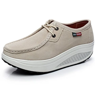 Image of rismart Women&#039;s Platform Classic Suede Leather Trainers Shoes Beige 4 UK