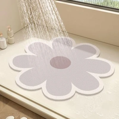 Image of Round Shower Mat Flower Bath for Inside Shower,PVC Loofah Bathroom Floor Mat,Non Slip Bathmat Anti Mould with Drain,Quick Drying (Grey,60x60cm)