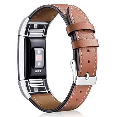 Image of AISPORTS Compatible with Fitbit Charge 2 Strap for Women Men, Leather Soft Breathable Sport Wristband Metal Buckle Bracelet Replacement Fitness Tracker