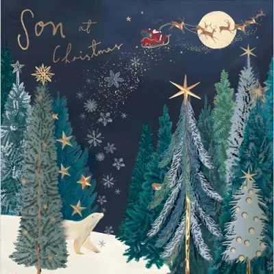 Image of Son Christmas Card Father and Polar Bear Artistic Festive Forest Design Special Finishes Made in the UK Eco Friendly