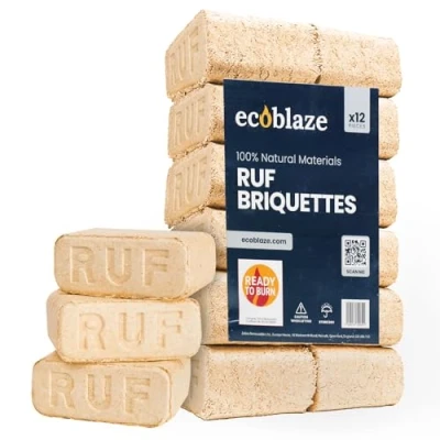 Image of Ecoblaze RUF Fire Blocks Pack of 12 Briquettes Heat Logs Clean, Compressed Organic Hardwood Chips and Shavings Easy to Use Ideal for Wood Burners, Log Burners Firepits