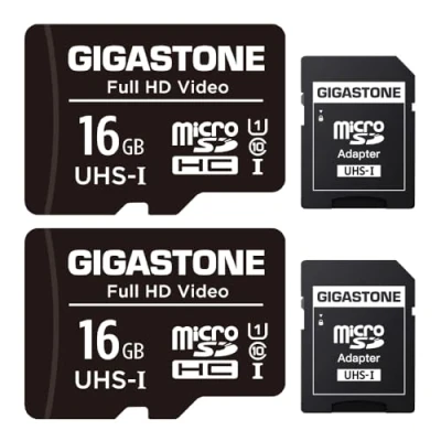 Image of Gigastone Micro SD Card 16GB 2 Pack with 2x Adapter + Mini case, FHD Video, Surveillance Security Cam Action Camera Drone, 85MB/s SDXC UHS I U1 Class 10