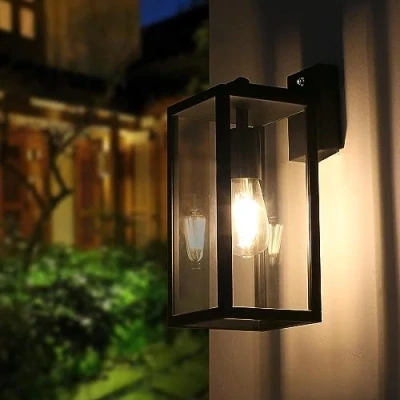 Image of BRIMMEL Outdoor Wall Light Dusk to Dawn Porch Light, Aluminum Black Lantern with Ambient Sensor. Anti Rust Sconce Fixture Clear Glass Shade, Matte