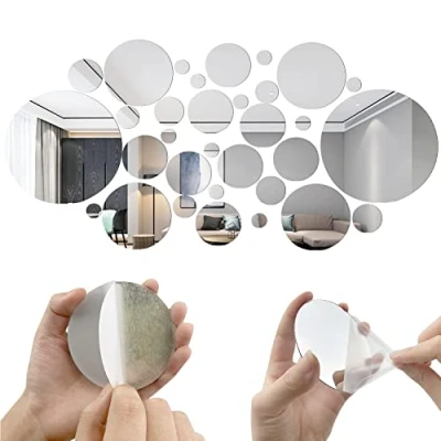 Image of SHUIYUE 32PCS Round Acrylic Mirror Wall Stickers Removable Setting Sticker DIY Sticker,with 4 I Shaped Nail,for Home Bedroom Background Decor