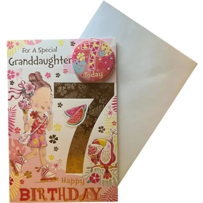 Image of Granddaughter Age 7 Seven Birthday Card with Badge***9 X 6 INCHES**1ST Class Post**AE7**