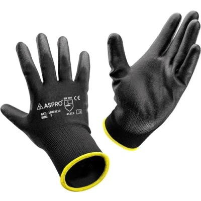 Image of ASPRO 10 Pairs Work and Gardening Gloves Black Nylon PU Coated Workwear for Builder, Gardener, Mechanic, Construction, Warehouse etc Size 7 (S)
