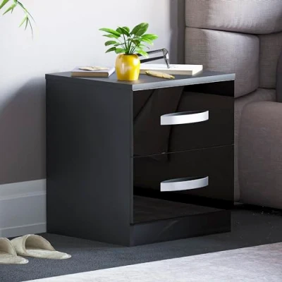 Image of Vida Designs High Gloss Bedside Tables, Nightstand Side Table (Black, 2 Drawer)