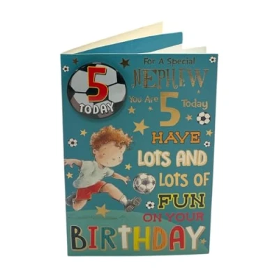 Image of For A Special Nephew You Are 5 Today Birthday Card With Badge Age 5th Fifth Five Cute Boy Footballer Foil Detail(CC7522)