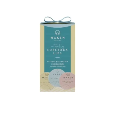 Image of Waken Luscious Lips, 3x15ml Lip Balm Bundle, Mint With Lemon, Strawberry, Peppermint, Vegan, Vitamin E, Shea Butter &amp; Cocoa Butter,100% Natural, No Petroleum Jelly, Sustainable Packaging