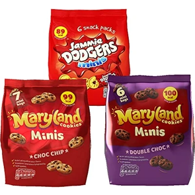Image of Maryland Mini Cookies Variety Pack. Jammie Dodgers, Choc Chip and Double Biscuits Multipack (3x6 bags)