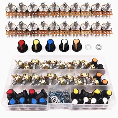 Image of GTIWUNG 20Pcs B5K B10K B20K B50K B100K Ohm Knurled Shaft Linear Rotary Taper Potentiometer with Knob(WH148) Kit, Knob 3 Terminal Cap Nuts and Washer