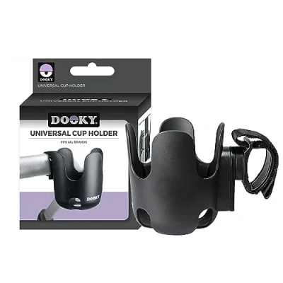 Image of Dooky Cup Holder for Pram/ Stroller/ Pushchair with Anti Slip Rubber Padded Layer Extra Stability, Universal Fit, Adjustable Velcro Strap, 360 Degree Flexibility, BPA Free, Unbreakable, Black
