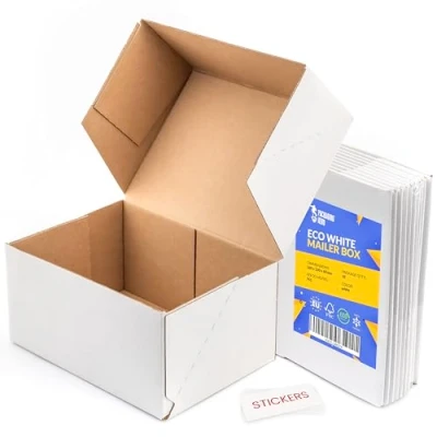 Image of Packaging Hero 16 x 12 6 cm (aprox. 6.3&quot; 4.7&quot; 2.35&quot;) White Corrugated Cardboard Mailing boxes, gift e commerce box with free clear round stickers (10 pack)